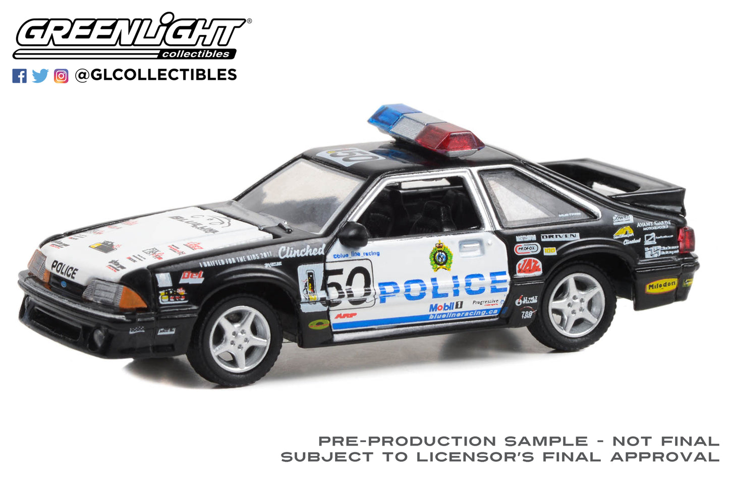 GreenLight 1:64 1993 Ford Mustang LX - Edmonton Police, Edmonton, Alberta, Canada - Blue Line Racing 25 Years 30368