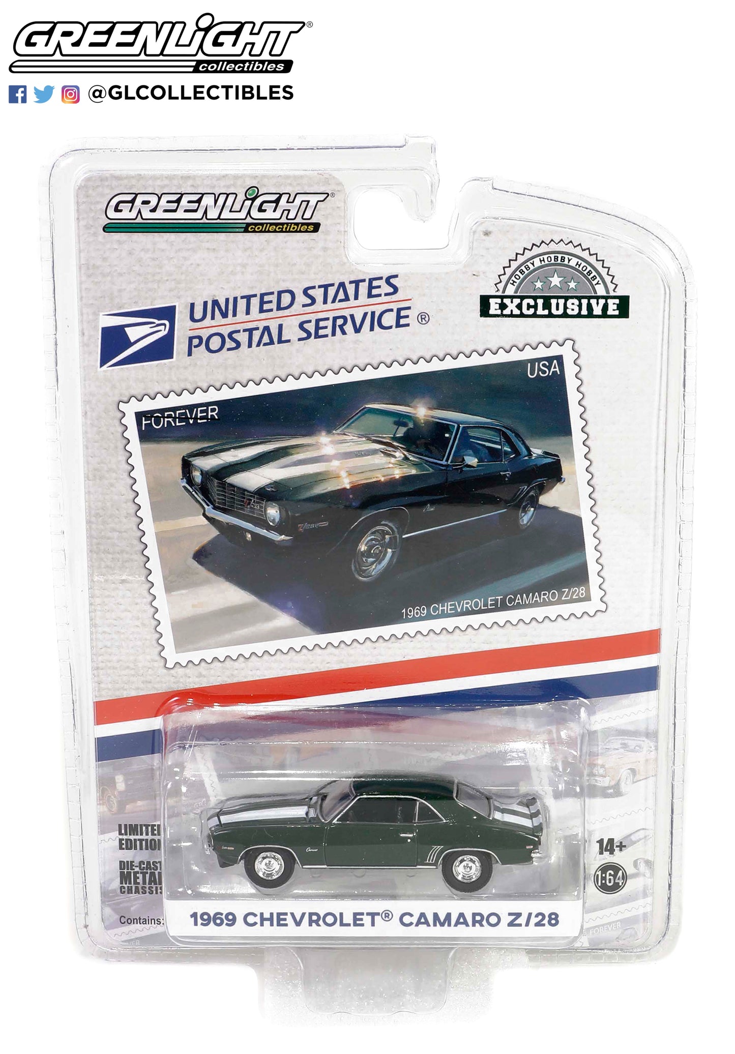 GreenLight 1:64 1969 Chevrolet Camaro Z/28 - United States Postal Service (USPS): 2022 Pony Car Stamp Collection by Artist Tom Fritz 30372