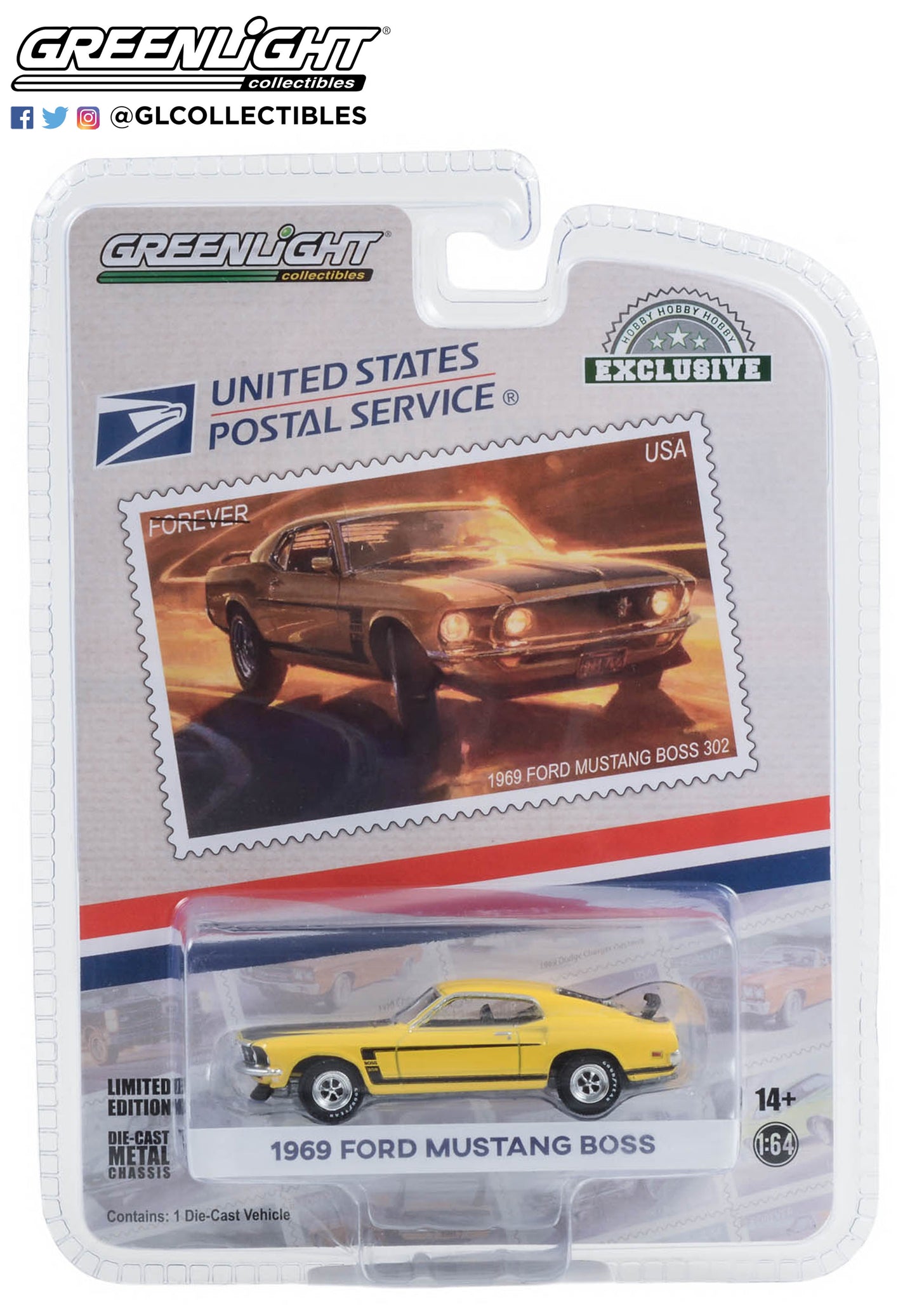 GreenLight 1:64 1969 Ford Mustang Boss 302 - United States Postal Service (USPS): 2022 Pony Car Stamp Collection by Artist Tom Fritz 30373