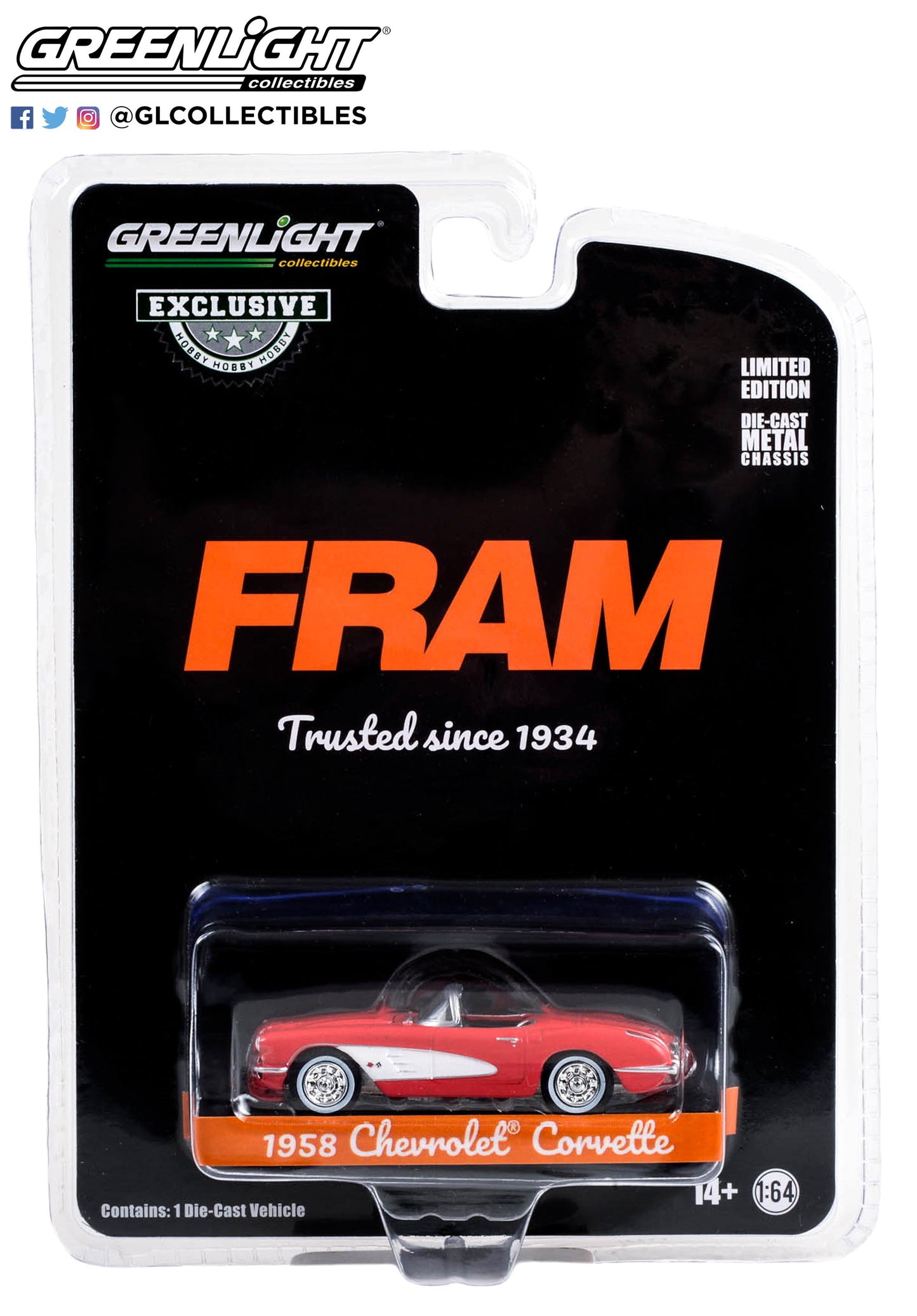 GreenLight 1:64 1958 Chevrolet Corvette - FRAM Oil Filters Trusted Since 1934 30388
