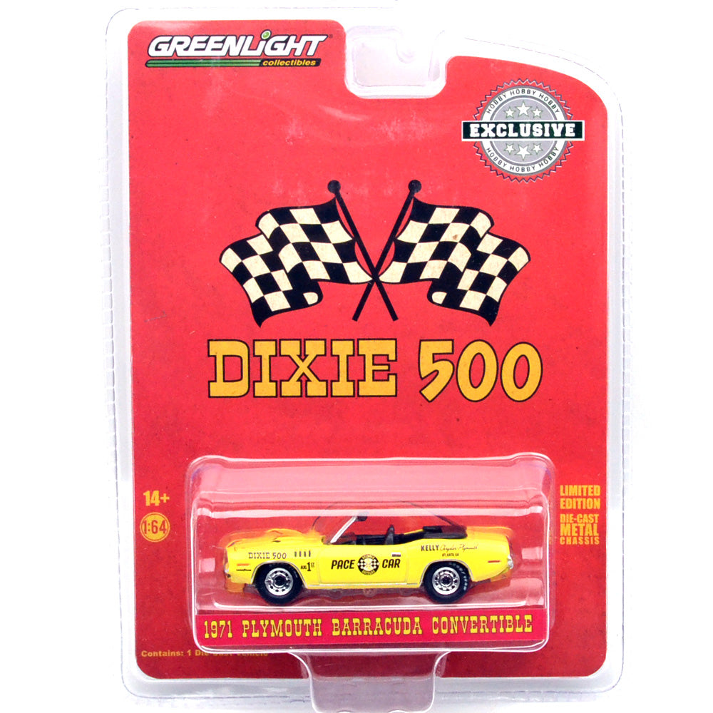GreenLight 1:64 1971 Plymouth Barracuda Convertible - Dixie 500 Pace Car - Kelly Chrysler Plymouth, Atlanta, Georgia (Hobby Exclusive) 30394