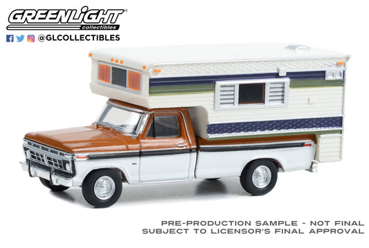 GreenLight 1:64 1976 Ford F-250 Camper Special with Large Camper - Nectarine Poly and Wimbledon White Deluxe Tu-Tone 30406