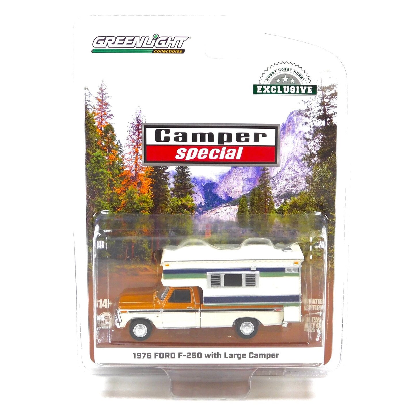 GreenLight 1:64 1976 Ford F-250 Camper Special with Large Camper - Nectarine Poly and Wimbledon White Deluxe Tu-Tone 30406