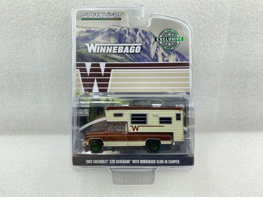 GreenLight Green Machine 1:64 1982 Chevrolet C20 Silverado Camper Special with Winnebago Slide-In Camper - Dark Chestnut Metallic and Santa Fe Tan Deluxe Two-Tone 30407