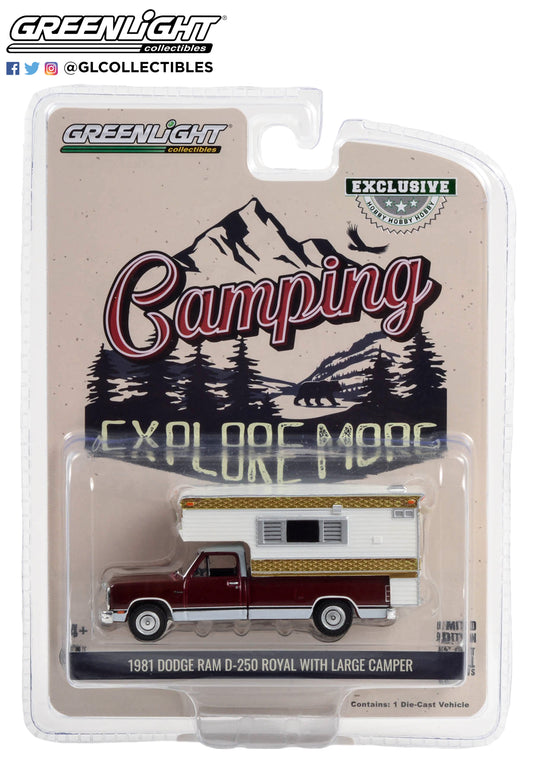 GreenLight 1:64 1981 Dodge Ram D-250 Royal with Large Camper - Medium Crimson Red and Pearl White 30409