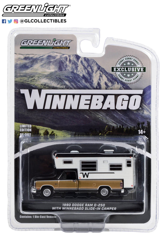 GreenLight 1:64 1990 Dodge Ram D-250 Royal SE with Winnebago Slide-In Camper - Black and Sand Metallic 30410