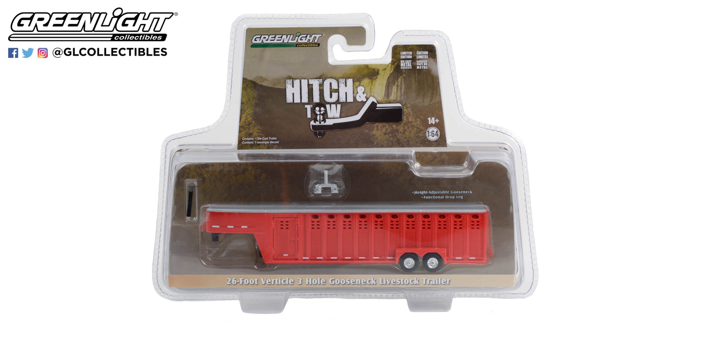 GreenLight 1:64 Hitch & Tow Trailers - 26-Foot Vertical Three Hole Gooseneck Livestock Trailer - Red 30421