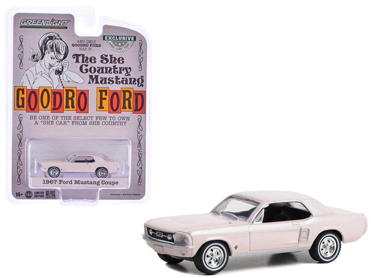 GreenLight 1:64 1967 Ford Mustang Coupe - She Country Special - Bill Goodro Ford, Denver, Colorado - Bermuda Sand (Hobby Exclusive) 30427