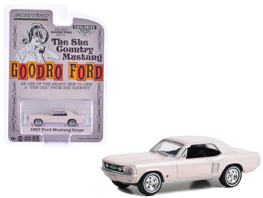 GreenLight 1:64 1967 Ford Mustang Coupe - She Country Special - Bill Goodro Ford, Denver, Colorado - Bermuda Sand (Hobby Exclusive) 30427