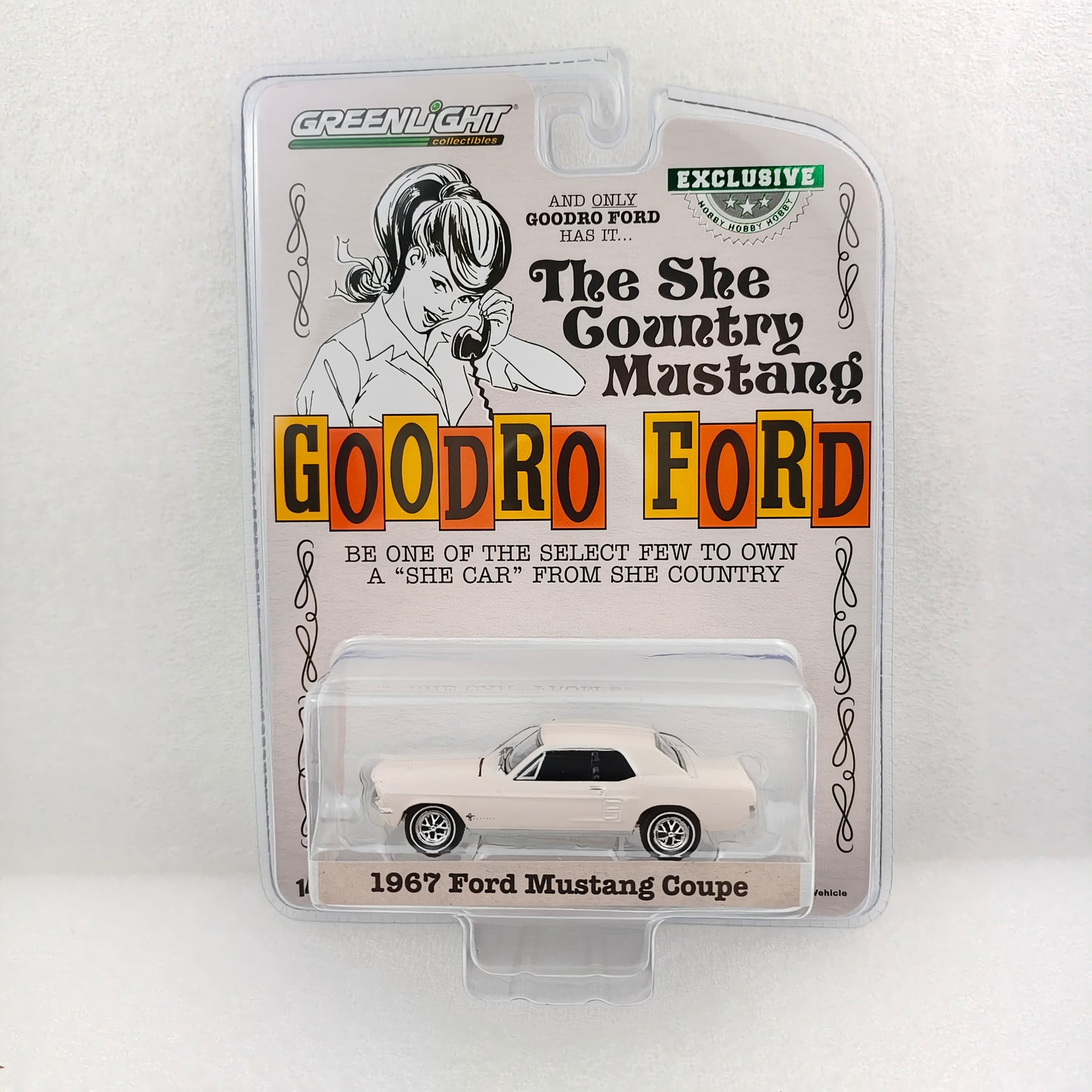GreenLight 1:64 1967 Ford Mustang Coupe - She Country Special - Bill Goodro Ford, Denver, Colorado - Bermuda Sand (Hobby Exclusive) 30427