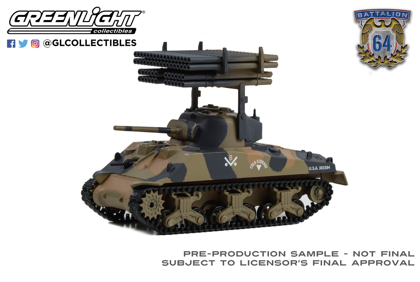 GreenLight 1:64 Battalion 64 - 1945 M4 Sherman Tank - U.S. Army World War II - 12th Armored Division, Germany with T34 Calliope Rocket Launcher 30441