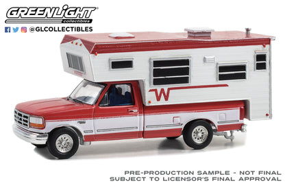 GreenLight 1:64 1995 Ford F-250 Long Bed with Winnebago Slide-In Camper - Bright Red and Oxford White 30449