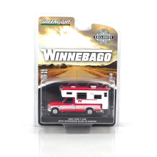 GreenLight 1:64 1995 Ford F-250 Long Bed with Winnebago Slide-In Camper - Bright Red and Oxford White 30449