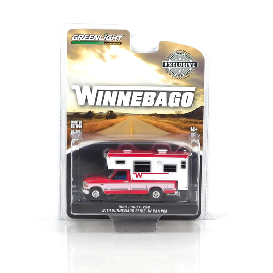 GreenLight 1:64 1995 Ford F-250 Long Bed with Winnebago Slide-In Camper - Bright Red and Oxford White 30449