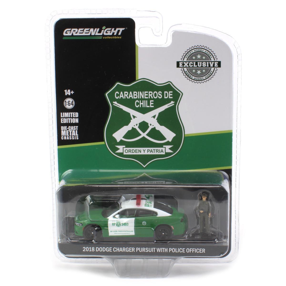 GreenLight 1:64 2018 Dodge Charger Pursuit - Carabineros de Chile with Carabineros de Chile Police Figure 30459