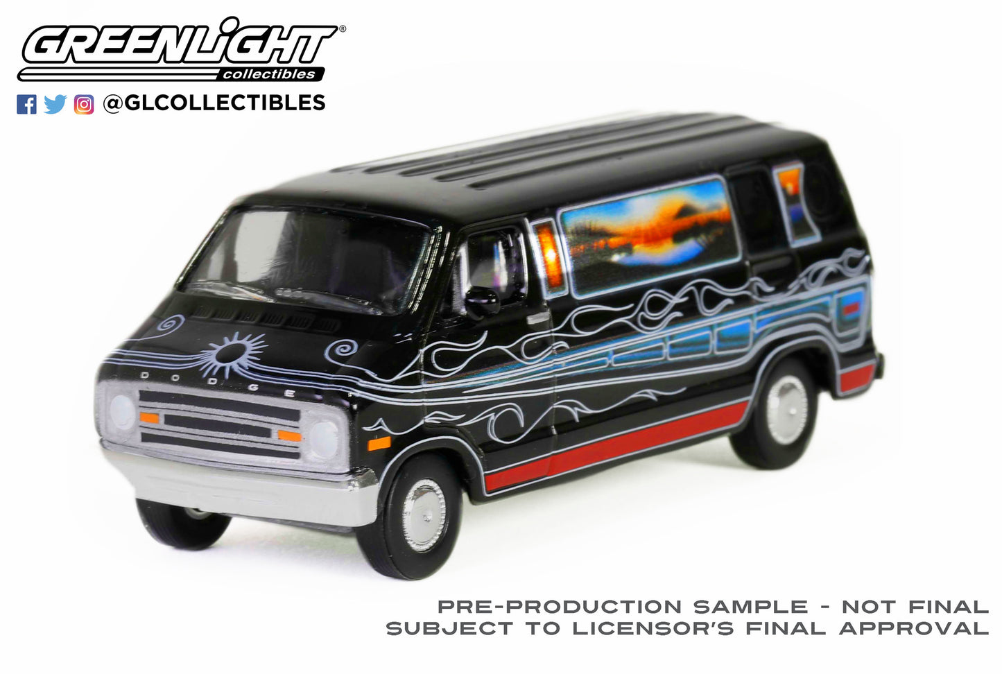 GreenLight 1:64 Vannin - 1977 Dodge B-100 Custom Van - Mountain Sunrise Decoration 30475
