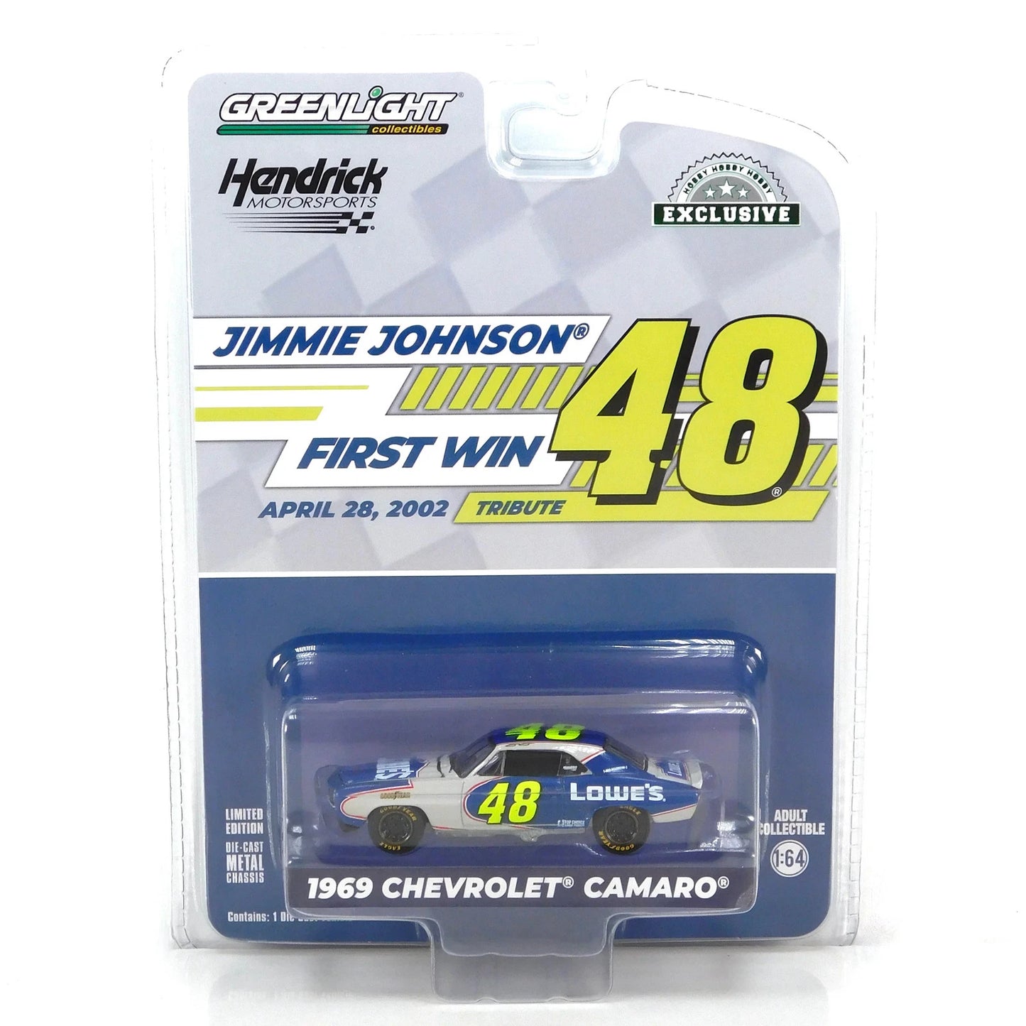 GreenLight 1:64 1969 Chevrolet Camaro - Jimmie Johnson / Hendrick Motorsports First Win Tribute - April 28, 2002 - San Bernardino County, CA (Hobby Exclusive) 30493