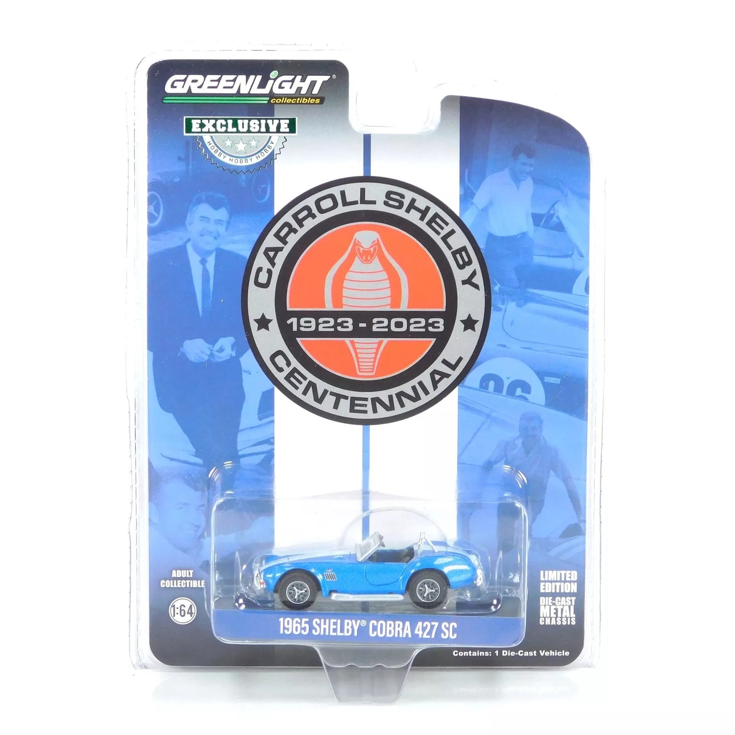 GreenLight 1:64 1965 Ford Shelby Cobra 427 S/C - Carroll Shelby Centennial - Guardsman Blue w/ White Stripes (Hobby Exclusive) 30498