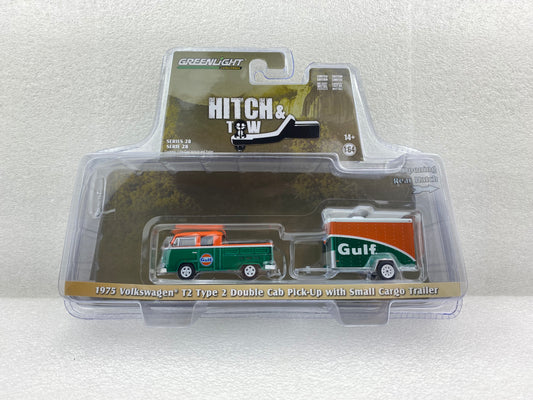 GreenLight Green Machine 1:64 Hitch & Tow Series 28 - 1975 Volkswagen T2 Type 2 Double Cab Pick-Up Gulf Oil with Small Cargo Trailer - Gulf Oil 32280-B