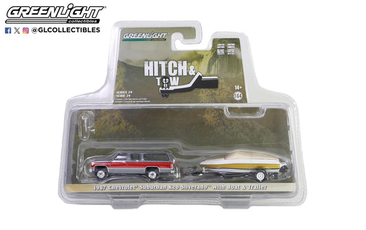 GreenLight 1:64 Hitch & Tow Series 29 - 1987 Chevrolet Suburban K20 Silverado with Boat and Boat Trailer 32290-B