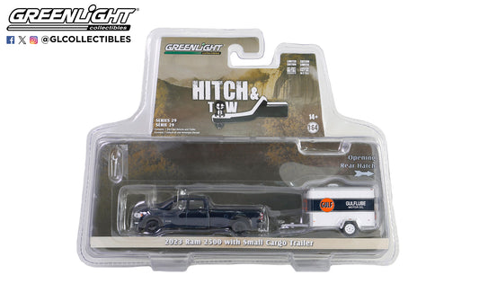 GreenLight 1:64 Hitch & Tow Series 29 - 2023 Dodge Ram 2500 - Gulf Oil with Small Gulflube Motor Oil Cargo Trailer 32290-D