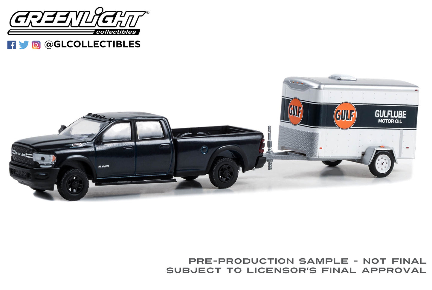 GreenLight 1:64 Hitch & Tow Series 29 - 2023 Dodge Ram 2500 - Gulf Oil with Small Gulflube Motor Oil Cargo Trailer 32290-D