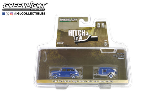 GreenLight 1:64 Hitch & Tow Series 30 - 1942 Ford Fordor Super Deluxe with Tear Drop Trailer – Florentine Blue 32300-A