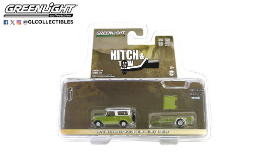 GreenLight 1:64 Hitch & Tow Series 30 - 1970 Harvester Scout with Utility Trailer – Lime Green Metallic with Alpine White Hardtop 32300-B