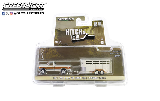 GreenLight 1:64 Hitch & Tow Series 30 - 1991 Ford F-250 XLT Lariat with Livestock Trailer - Colonial White & Desert Tan Metallic 32300-C