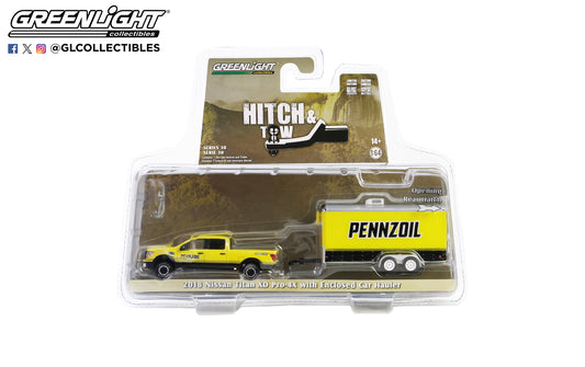 GreenLight 1:64 Hitch & Tow Series 30 - 2018 Nissan Titan XD Pro-4X with Enclosed Car Hauler – Pennzoil 32300-D