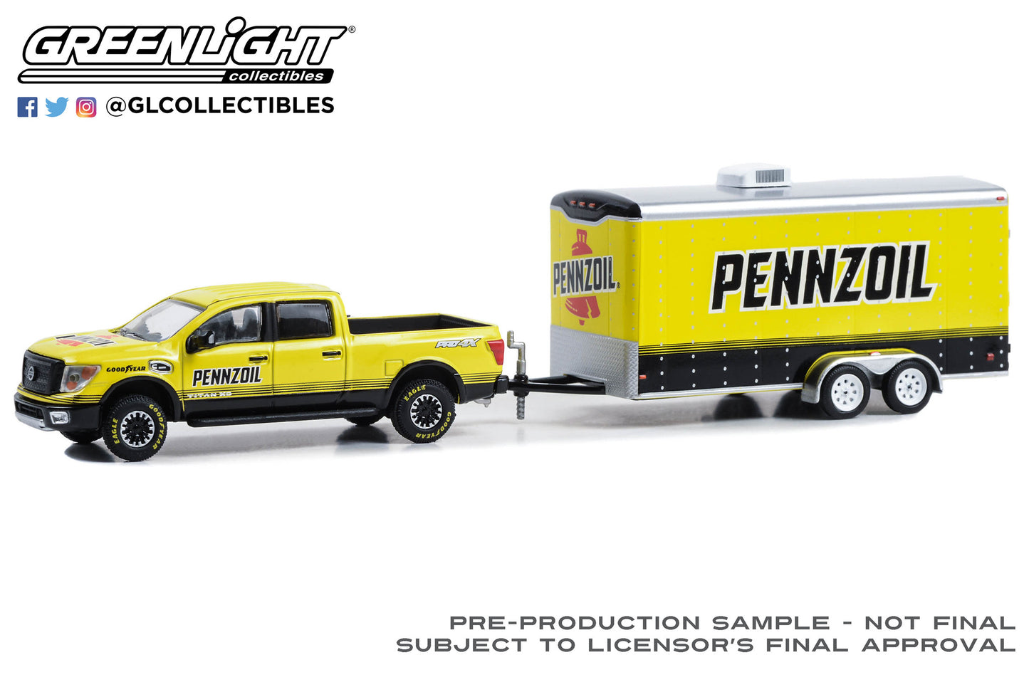 GreenLight 1:64 Hitch & Tow Series 30 - 2018 Nissan Titan XD Pro-4X with Enclosed Car Hauler – Pennzoil 32300-D