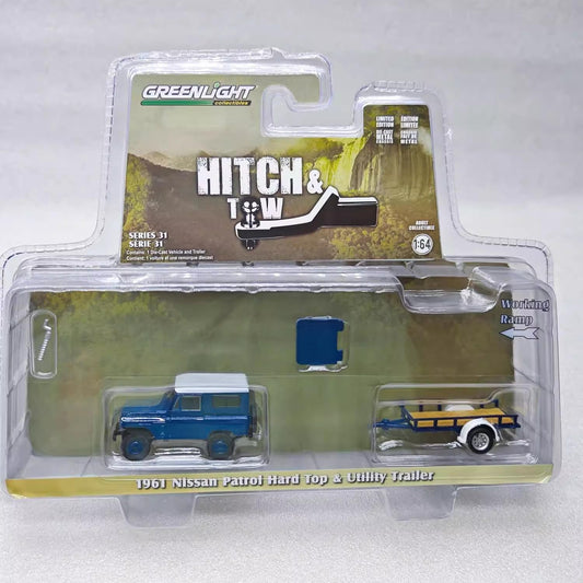GreenLight 1:64 Hitch & Tow Series 31 - 1961 Nissan Patrol Hard Top with Utility Trailer – Blue & White 32310-A