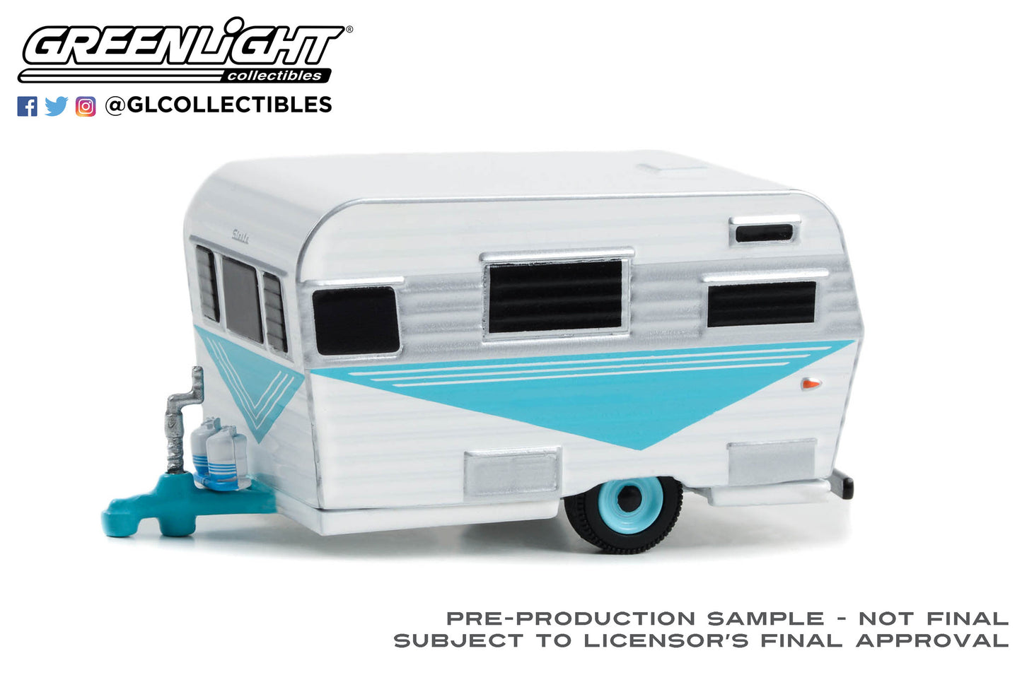 GreenLight 1:64 Hitched Homes Series 14 - 1958 Siesta Travel Trailer - Teal, White and Polished Silver 34140-B