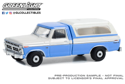 GreenLight 1:64 Blue Collar Collection Series 12 - 1975 Ford F-100 Ranger XLT with Camper Shell - Wind Blue and Wimbledon White 35260-B