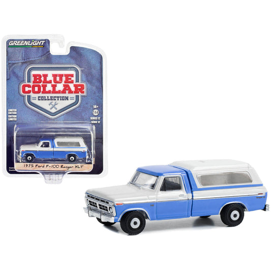 GreenLight 1:64 Blue Collar Collection Series 12 - 1975 Ford F-100 Ranger XLT with Camper Shell - Wind Blue and Wimbledon White 35260-B