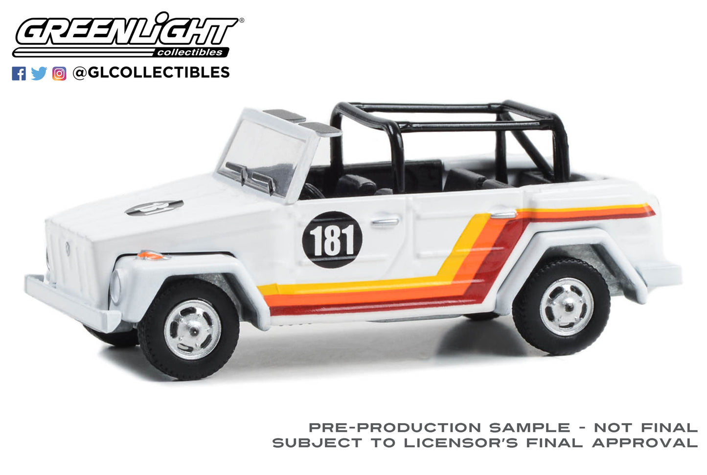 GreenLight 1:64 All-Terrain Series 15 - 1974 Volkswagen Thing (Type 181) #181 - White with Red, Orange and Yellow Stripes 35270-C