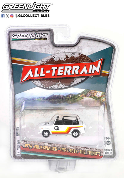GreenLight 1:64 All-Terrain Series 15 - 1974 Volkswagen Thing (Type 181) #181 - White with Red, Orange and Yellow Stripes 35270-C