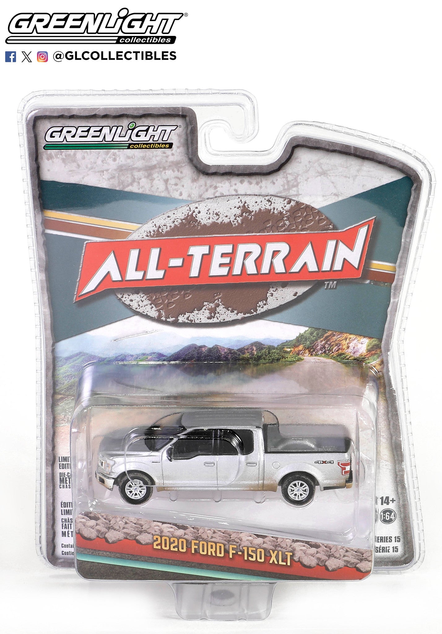 GreenLight 1:64 All-Terrain Series 15 - 2020 Ford F-150 SuperCrew - Iconic Silver with Mud Spray 35270-F