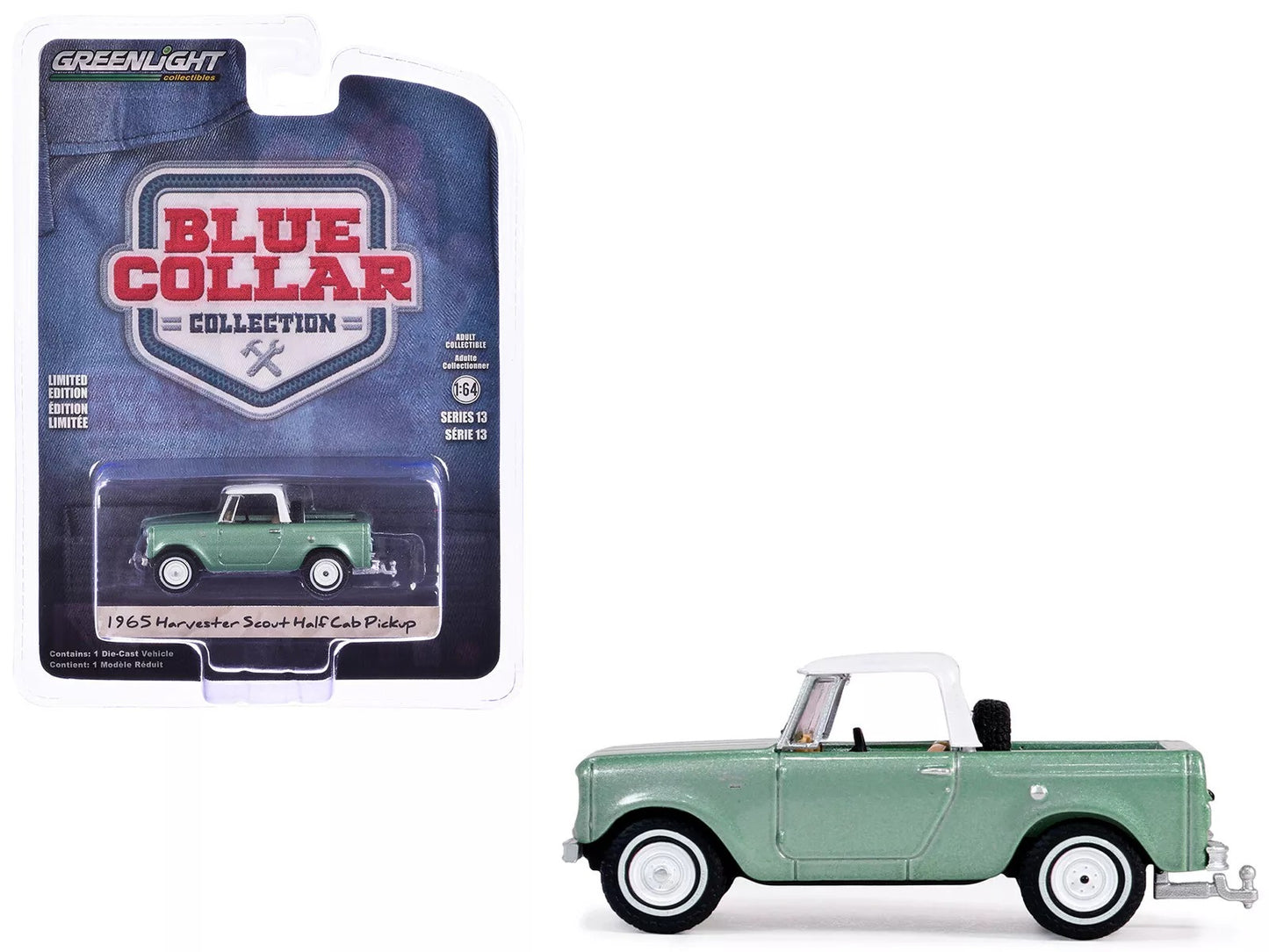 GreenLight 1:64 Blue Collar Collection Series 13 - 1965 Harvester Scout Half Cab Pickup – Aspen Green 35280-A