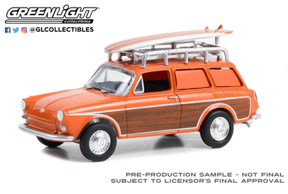 GreenLight 1:64 Club Vee-Dub Series 16 - 1963 Volkswagen Type 3 Panel Van Woody with Roof Rack and Surfboard 36070-A
