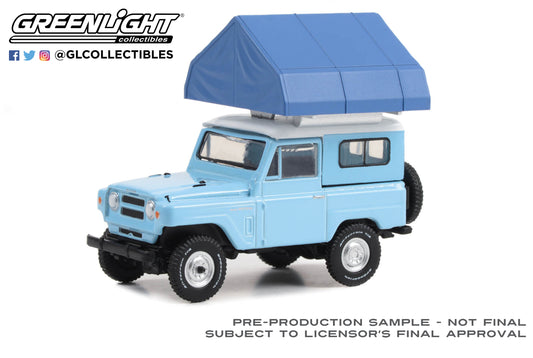 GreenLight 1:64 The Great Outdoors Series 3 - 1969 Nissan Patrol (60) - Light Blue & White with Camp otel Cartop Sleeper Tent 38050-A