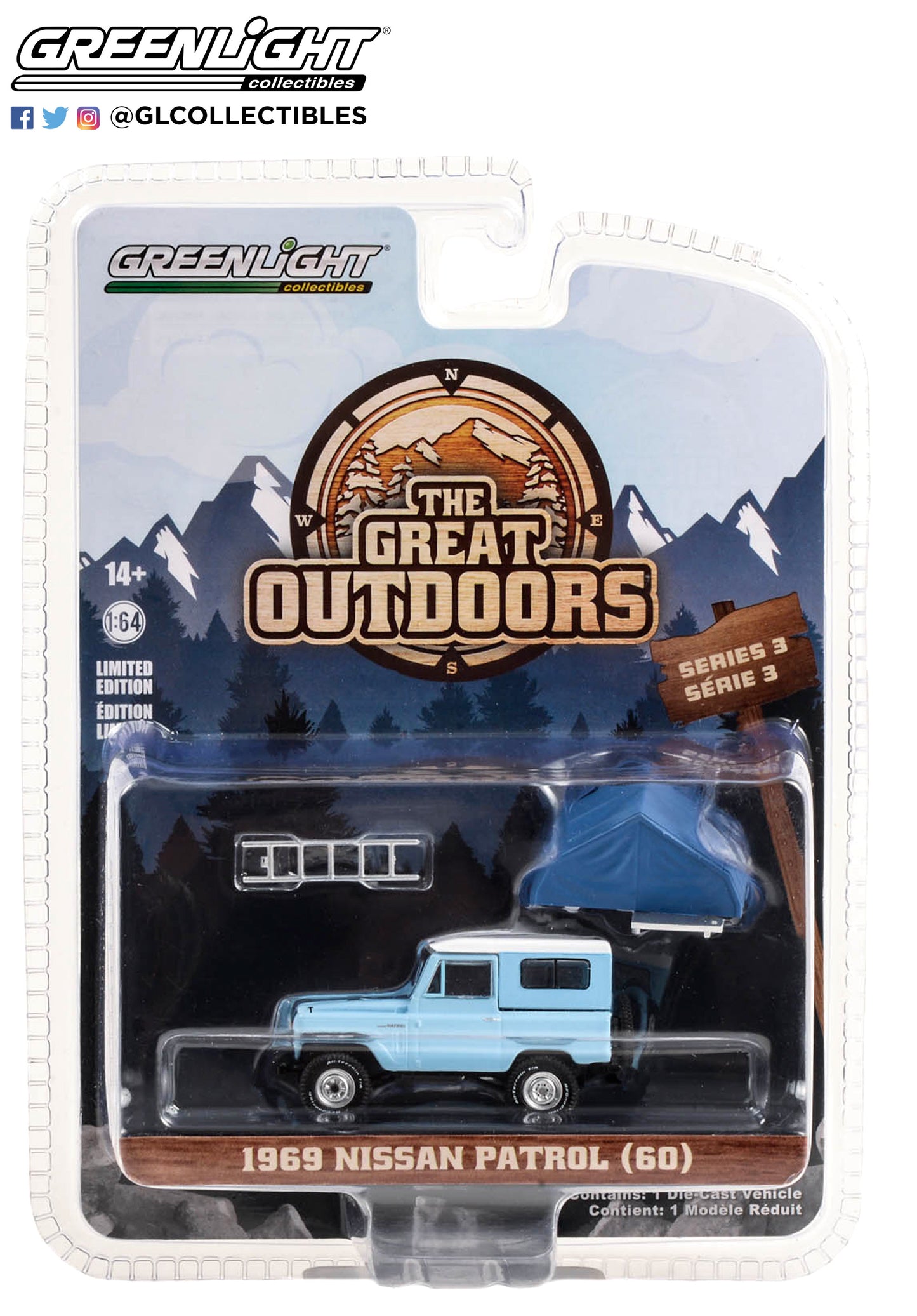 GreenLight 1:64 The Great Outdoors Series 3 - 1969 Nissan Patrol (60) - Light Blue & White with Camp otel Cartop Sleeper Tent 38050-A
