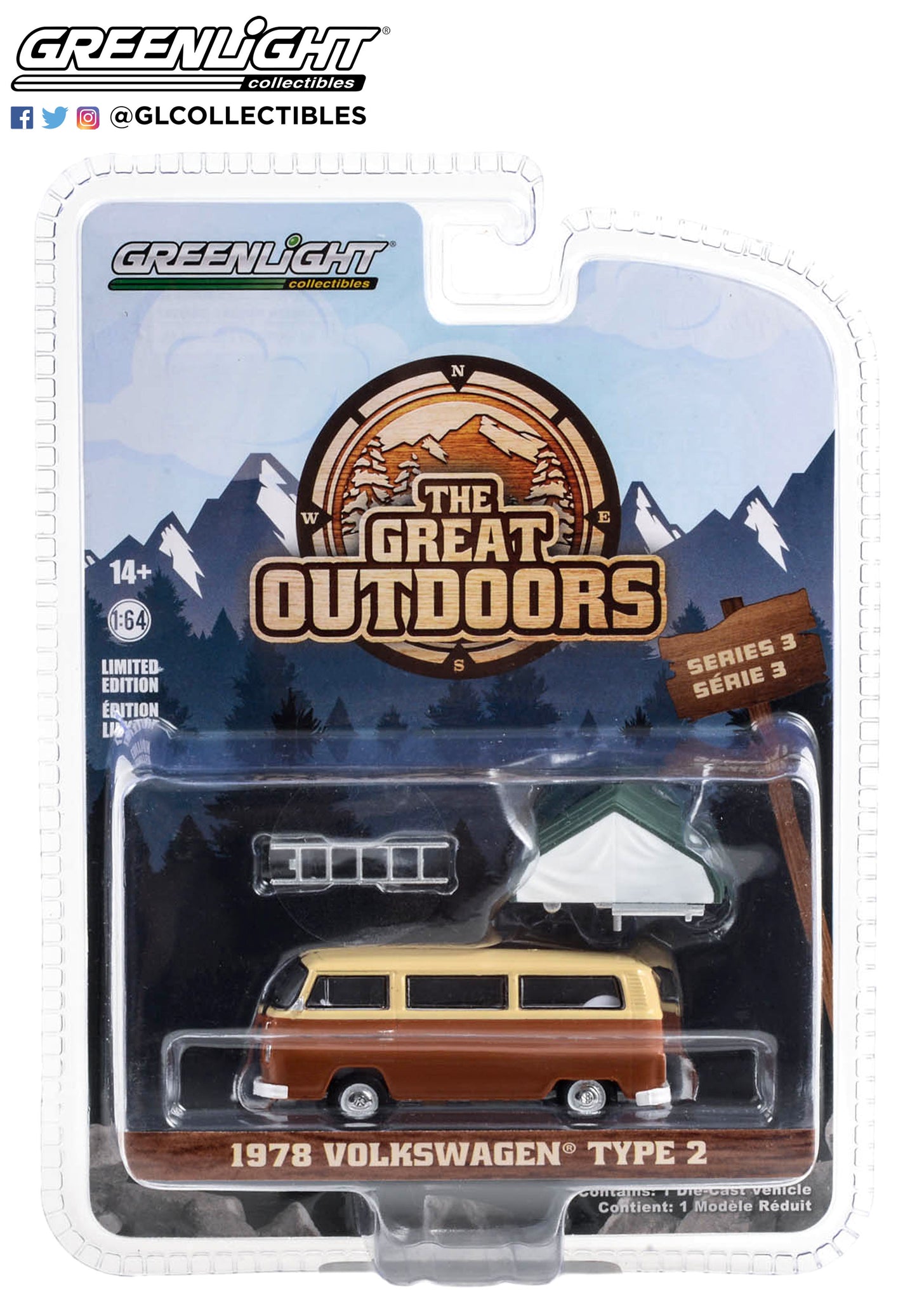 GreenLight 1:64 The Great Outdoors Series 3 - 1978 Volkswagen Type 2 (T2B) - Panama Brown and Dakota Beige with Camp otel Cartop Sleeper Tent 38050-B
