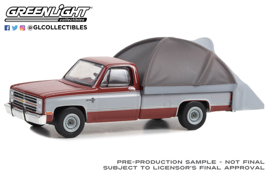 GreenLight 1:64 The Great Outdoors Series 3 - 1983 Chevrolet C20 Silverado - Carmine Red and Silver Metallic with Modern Truck Bed Tent 38050-C