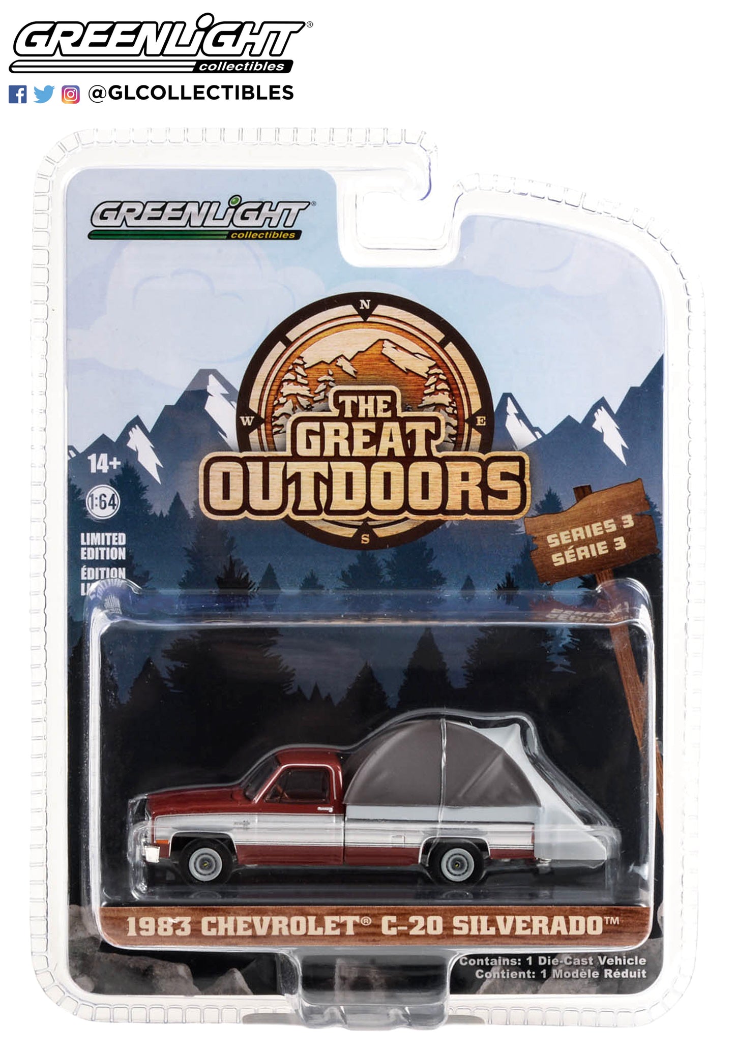 GreenLight 1:64 The Great Outdoors Series 3 - 1983 Chevrolet C20 Silverado - Carmine Red and Silver Metallic with Modern Truck Bed Tent 38050-C