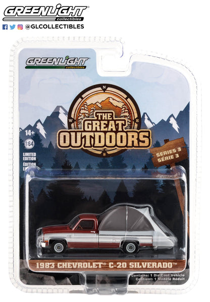 GreenLight 1:64 The Great Outdoors Series 3 - 1983 Chevrolet C20 Silverado - Carmine Red and Silver Metallic with Modern Truck Bed Tent 38050-C