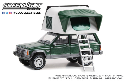 GreenLight 1:64 The Great Outdoors Series 3 - 1992 Jeep Cherokee Laredo - Hunter Green Metallic with Modern Rooftop Tent 38050-E