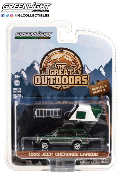 GreenLight 1:64 The Great Outdoors Series 3 - 1992 Jeep Cherokee Laredo - Hunter Green Metallic with Modern Rooftop Tent 38050-E