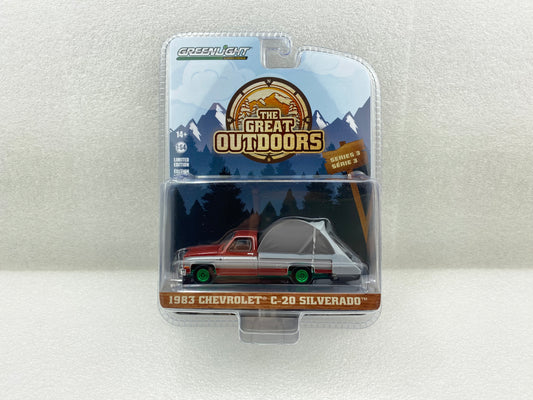 GreenLight Green Machine 1:64 The Great Outdoors Series 3 - 1983 Chevrolet C20 Silverado - Carmine Red and Silver Metallic with Modern Truck Bed Tent 38050-C
