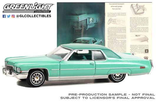 GreenLight 1:64 Vintage Ad Cars Series 9 - 1971 Cadillac Coupe deVille “Your Second Impression Will Be Even Greater Than Your First” 39130-D